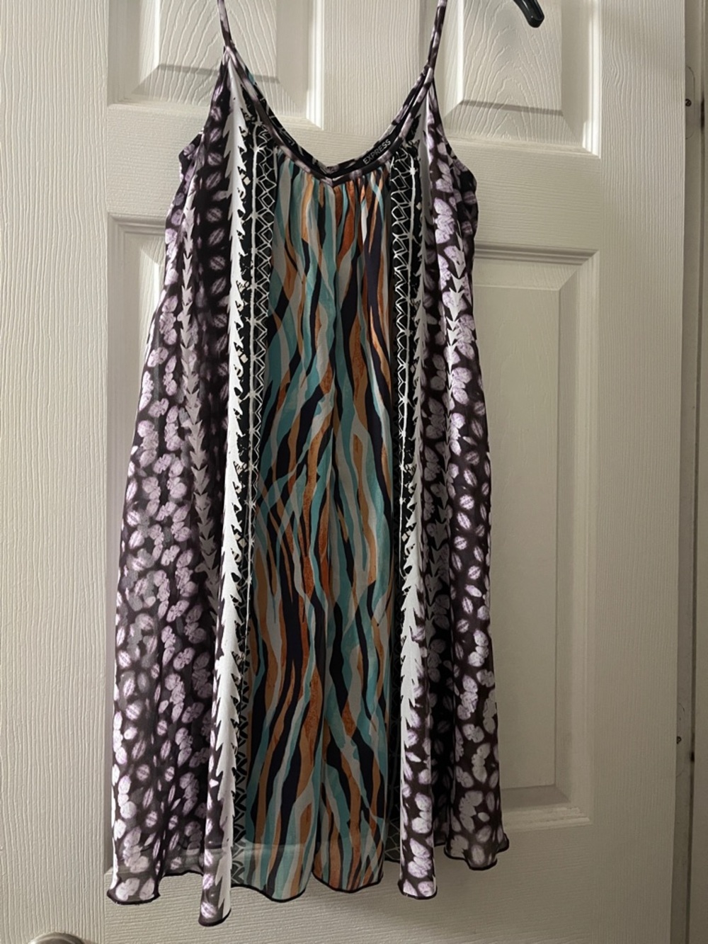 Express Printed Spaghetti Strap Slip Dress in Black, Teal & Brown